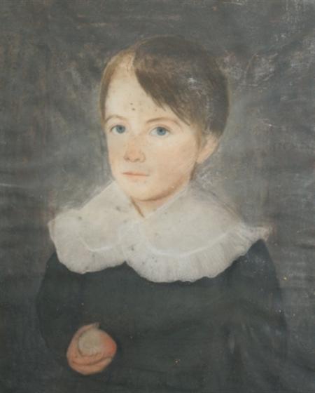 Lot image - American School 19th Century Portrait of a Young Boy Holding Fruit: Two