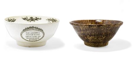 Lot image - English Transfer Printed Creamware Bowl; Together with a Bennington Style Flint Enameled Mixing Bowl