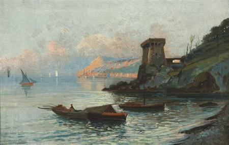 Lot image - Oscar Ricciardi Italian, 1864-1935 Ships Off the Amalfi Coast at Sunset