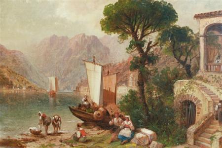 Lot image - Granville Perkins American, 1830-1895 Peasants on an Italian Lake