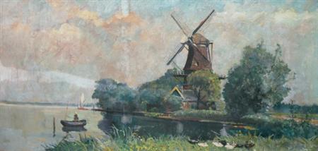 Lot image - Hendrik Pieter Groen Dutch, 1886-1964 Sunlit Windmill Beside the Water