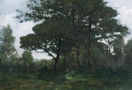 Lot image - Charles Hippolyte Desmarquais French, b. 1823 Sunlit Forest Interior