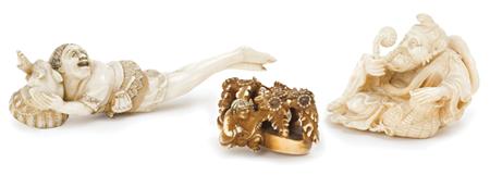 Lot image - Two Japanese Ivory Netsuke; Together with an Okimono of a Seated Sage with Basket and Flower Bud