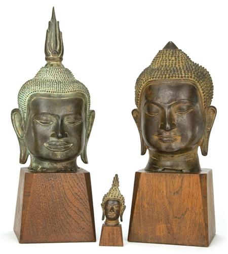 Lot image - Group of Three Thai Bronze Heads of Buddha