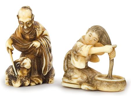 Lot image - Two Netsuke: Washing Hair and Sage Netsuke