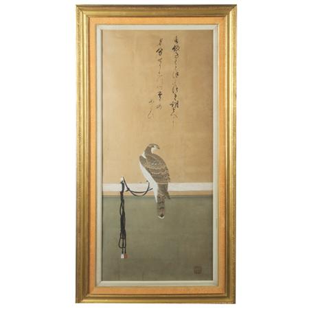 Lot image - Japanese School 18th Century Birds of prey beneath an inscription, seal Pigment on paper Image 42 x 18 inches Framed