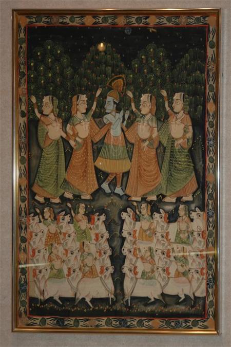 Lot image - Indian School Early 20th century Krishna and attendants above brahman bulls