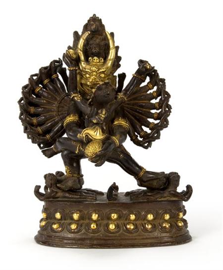 Lot image - Tibetan Gilt-Bronze Figure of Yamantaka in Yab-Yum