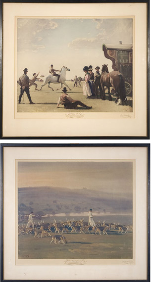 Lot image - After Alfred J. Munnings BELVOIR HOUNDS EXERCISING IN THE PARK; GYPSY LIFE Two color photoreproductions, signed in pencil