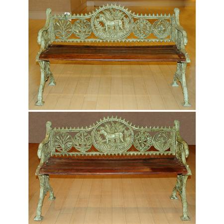 Lot image - Pair of Victorian Style Green Painted Iron Garden Benches