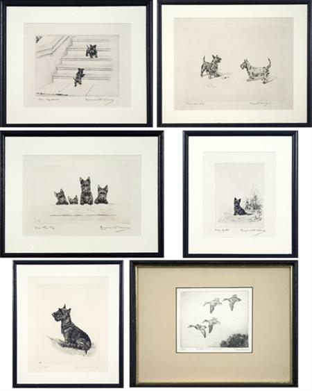 Lot image - Marguerite Kirmse BABY HEATH; JUST SITTIN; OVER THE TOP; THEY HAD WORDS; THE UPSTART Five drypoints; t/w Don Swann etching (6)