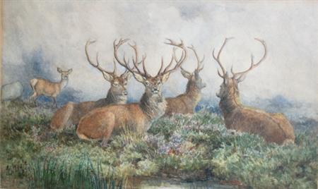 Lot image - Edward Neale British, fl. 1858-1881 Herd of Elk at Rest by a Lake