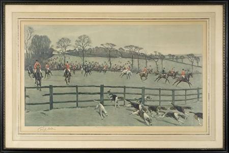 Lot image - Cecil Aldin [HUNTING SCENE] Color photoreproduction, 1925, signed in pencil