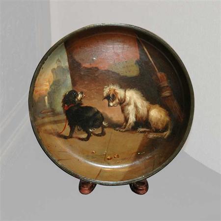 Lot image - Papier Mache Circular Plaque Depicting Two Terriers