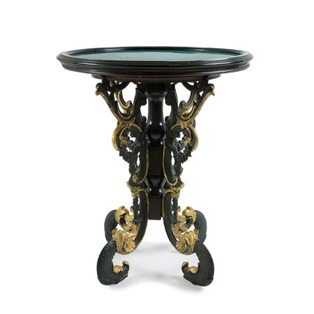 Lot image - Restauration Style Malachite, Parcel Gilt, Ebonized Wood and Painted Cast Iron Gueridon
