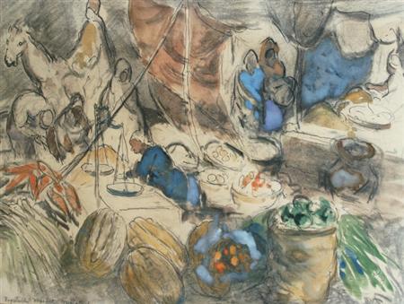 Lot image - George Overbury (Pop) Hart American, 1868-1933 Vegetable Market, Marrakesh, Morocco, 1929