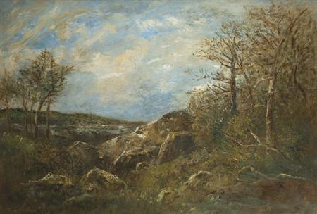 Lot image - Joseph Jefferson IV American, 1829-1905 Wooded Landscape with Boulders