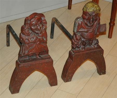 Lot image - Pair of Painted Cast Iron Punch and Judy Form Andirons