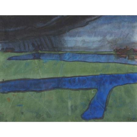 Lot image - Emil Nolde German, 1867-1956 Marsh Landscape Near Utenwarf (Green and Blue), circa 1920