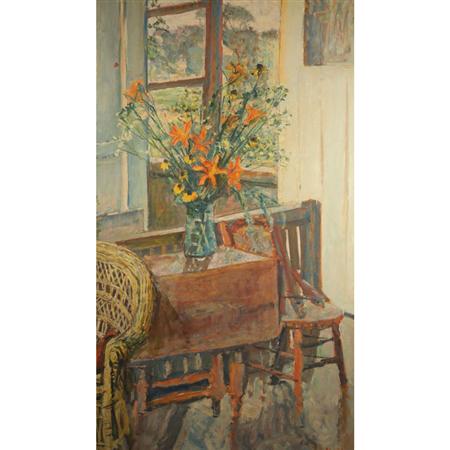 Lot image - Sigmund Joseph Menkes Polish/American, 1896-1986 Interior View with Black-Eyed Susans and Lilies Before an Open Window
