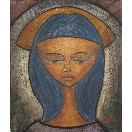 Lot image - Angel Botello Puerto Rican, 1913-1986 Portrait of Jane (Blue Madonna)
