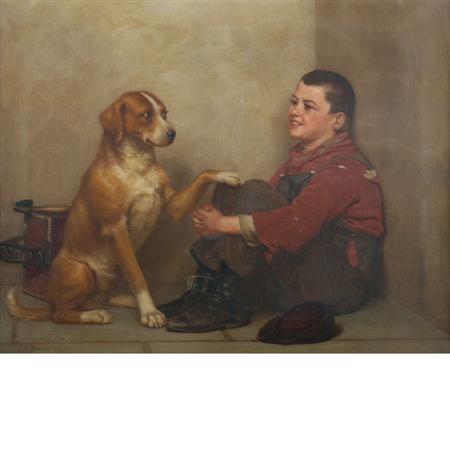 Lot image - John George Brown American, 1831-1913 Shoeshine Boy and Dog, 1904