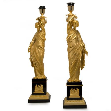 Lot image - Pair of Neoclassical Style Gilt-Metal and Gilt-Bronze Lamps