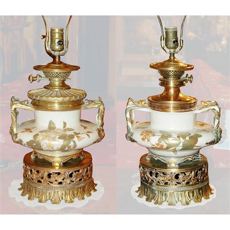 Lot image - Companion Pair of Royal Worcester Style Gilt-Metal Mounted Porcelain Lamps