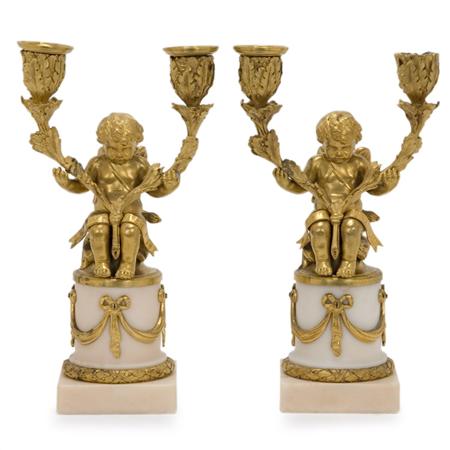 Lot image - Companion Pair of Louis XVI Style Gilt-Bronze and Marble Two-Light Candelabra