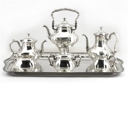 Lot image - Gorham Sterling Silver Coffee and Tea Service;T/W Silver Plated Two-Handled Tray and a Pair of  Sterling Silver Sugar Tongs