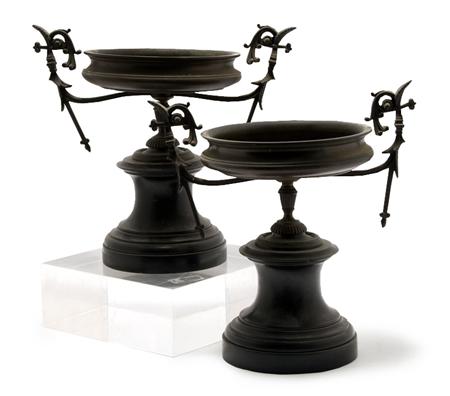 Lot image - Companion Pair of Bronze and Black Marble Mantel Urns