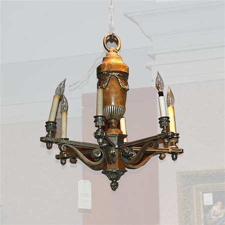 Lot image - Louis XVI Style Silvered Bronze and Yellow Marble Six-Light Chandelier