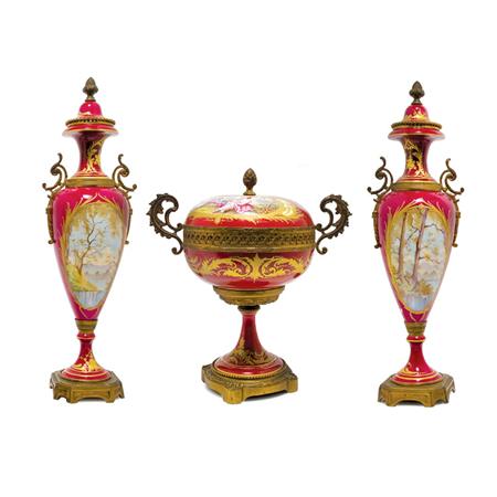 Lot image - Pair of Sevres Style Gilt-Metal Mounted Porcelain Urns