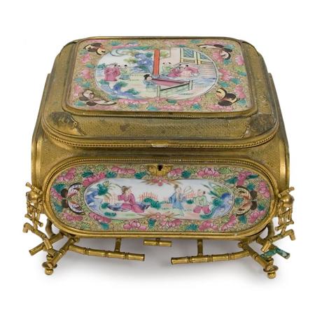 Lot image - Chinese Rose Medallion Porcelain Mounted Gilt-Bronze Jewelry Box