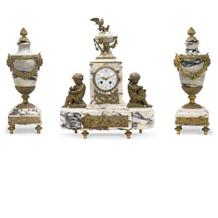 Lot image - Louis XVI Style Gilt-Bronze and Marble Clock Garniture