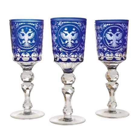 Lot image - Set of Thirteen Russian Blue and Colorless Cased and Wheel Engraved Water Glasses