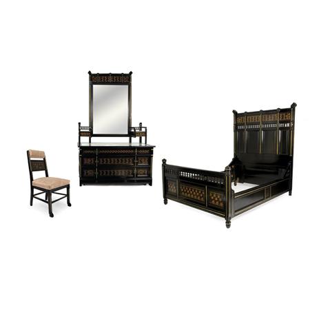Lot image - American Aesthetic Movement Ebonized Marquetry Inlaid and Parcel Gilt Bedroom Suite