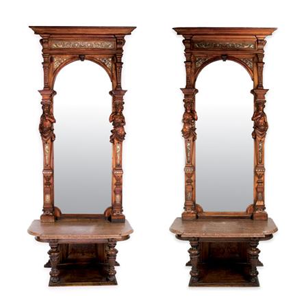 Lot image - Pair of Renaissance Revival Inlaid and Carved Walnut Mirrors and Consoles