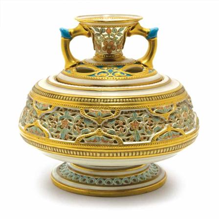 Lot image - Royal Worcester Reticulated Porcelain Two-Handled Vase