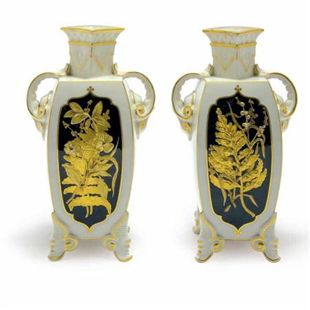 Lot image - Pair of Royal Worcester Pate Sur Pate Porcelain Two-Handled Bud Vases