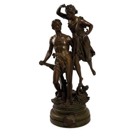 Lot image - Bronze Allegorical Figural Group of a Laborer and a Classical Woman La Recompense