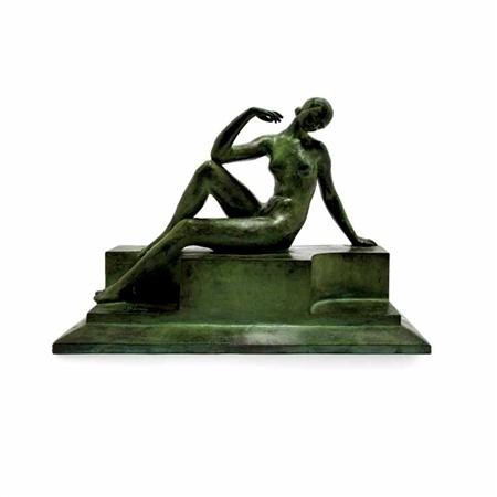 Lot image - French Art Deco Verdigris Patinated-Bronze Figure of a Female Nude Bather