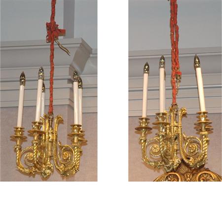Lot image - Pair of Empire Style Gilt-Metal Five-Light Chandeliers