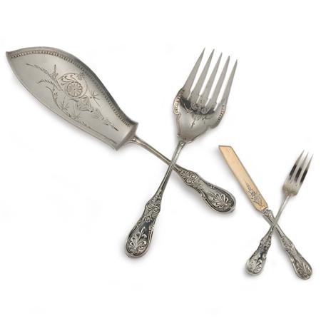 Lot image - Tiffany & Co. Sterling Silver Fish Serving Set; Together with a Tiffany & Co. Fruit Fork and Knife