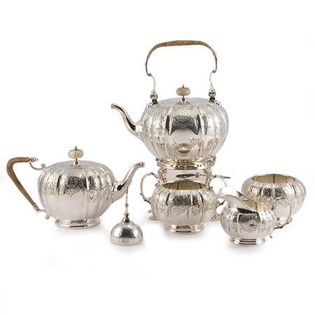 Lot image - Gorham Sterling Silver Tea Service; Together with a Sterling Silver Dinner Bell