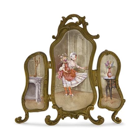 Lot image - Gilt-Bronze and Porcelain Triptych Miniature Table Screen