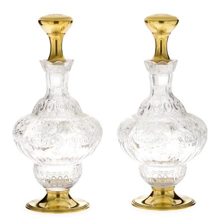 Lot image - Pair of Tiffany & Co. Makers 18 Kt. Yellow Gold Mounted Thomas Webb & Sons Rock Crystal Style Glass Decanters