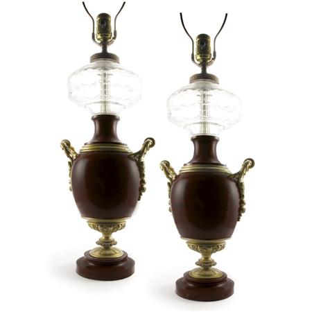 Lot image - Pair of Louis XVI Style Gilt-Bronze Mounted Rouge Marble and Cut Glass Lamps