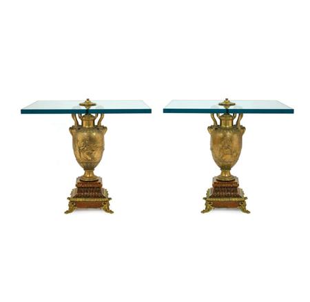 Lot image - Companion Pair of Neoclassical Style Gilt-Bronze, Rouge Marble and Glass Low Tables