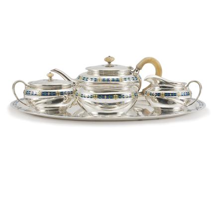 Lot image - Tiffany & Co. Makers Champleve Enameled Sterling Silver Tea Service